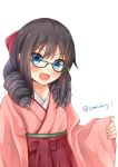  1girl alternate_hairstyle asashio_(kantai_collection) bespectacled black_hair blue-framed_eyewear blue_eyes bow comiching commentary_request cosplay drill_hair eyebrows_visible_through_hair flat_chest glasses green-framed_eyewear hair_between_eyes hair_bow hakama hakama_skirt harukaze_(kantai_collection) harukaze_(kantai_collection)_(cosplay) highres japanese_clothes kantai_collection long_hair meiji_schoolgirl_uniform open_mouth pink_hakama red_bow simple_background sleeves_past_wrists smile solo twin_drills twitter_username upper_body white_background wide_sleeves 