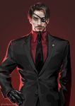  1boy 2018 black_gloves black_hair black_neckwear black_suit eyepatch facial_hair formal gloves highres jane_mere looking_at_viewer majima_gorou male_focus necktie red_eyes red_shirt ryuu_ga_gotoku ryuu_ga_gotoku_5 shirt short_hair simple_background suit 