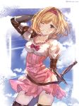  1girl blonde_hair blue_sky brown_eyes brown_legwear clenched_teeth clouds collarbone djeeta_(granblue_fantasy) eyebrows_visible_through_hair gauntlets granblue_fantasy hairband hand_up highres looking_at_viewer mohurine_cute one_eye_closed red_hairband short_hair sky smile solo sword teeth thigh-highs thighs twitter_username weapon 