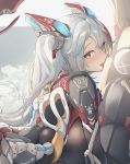  1girl absurdres alternate_costume antenna_hair arm_guards armor azur_lane bangs black_bodysuit bodysuit breasts close-up clouds commentary_request food from_behind headgear highres holding holding_food ice_cream large_breasts licking long_hair looking_at_viewer looking_back mecha multicolored_hair number prinz_eugen_(azur_lane) redhead silver_hair solo streaked_hair tongue tongue_out two_side_up very_long_hair yusha_(m-gata) 