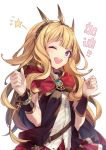  1girl ;d achan_(blue_semi) blonde_hair bracer cagliostro_(granblue_fantasy) cape crown granblue_fantasy hairband highres long_hair one_eye_closed open_mouth smile spikes upper_body violet_eyes 