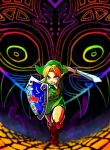  1boy abstract_background blue_eyes boots butiboco clenched_teeth green_headwear green_tunic link majora_(entity) pointy_ears running shield sword teeth the_legend_of_zelda the_legend_of_zelda:_majora&#039;s_mask weapon young_link 