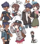 1boy 1girl ^_^ baseball_cap brown_eyes brown_hair bunny_on_shoulder charamells closed_eyes commentary creature dark_skin dark_skinned_male english_commentary english_text facing_another gen_8_pokemon handheld_game_console hat highres holding_handheld_game_console hop_(pokemon) looking_at_another nintendo_ds nintendo_switch on_head on_shoulder playing_games pokemon pokemon_(creature) pokemon_(game) pokemon_on_head pokemon_on_shoulder pokemon_swsh purple_hair scorbunny short_hair simple_background sobble standing white_background wooloo yellow_eyes yuuri_(pokemon)