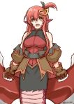  1girl :d alternate_hairstyle bare_shoulders blush breasts coat cosplay eyebrows_visible_through_hair fang finalcake gloves hair_between_eyes hair_ornament hairclip holding holding_weapon lamia large_breasts long_hair looking_at_viewer miia_(monster_musume) monster_girl monster_musume_no_iru_nichijou nan_(tales) nan_(tales)_(cosplay) open_mouth pointy_ears redhead scales side_ponytail sidelocks simple_background sketch skirt smile solo spandex tail tales_of_(series) tales_of_vesperia weapon white_background yellow_eyes 