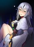  1girl black_gloves black_hair blush bottle breasts can capelet drunk fate/grand_order fate_(series) gloves hair_between_eyes highres holding holding_can long_hair medium_breasts multicolored_hair nagao_kagetora_(fate) nonderi partly_fingerless_gloves sitting solo streaked_hair two-tone_hair very_long_hair white_capelet white_hair white_sleeves wide_sleeves yellow_eyes 