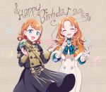  2girls annette_fantine_dominic blue_eyes capelet closed_eyes dated dress dual_persona fire_emblem fire_emblem:_three_houses fur_trim garreg_mach_monastery_uniform gloves happy_birthday hiyori_(rindou66) long_sleeves multiple_girls musical_note open_mouth orange_hair twintails twitter_username uniform white_gloves 