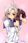  1girl adjusting_hair ahoge artist_name blue_sailor_collar blush brown_gloves gloves green_eyes grey_hair hair_between_eyes kantai_collection kinugasa_(kantai_collection) long_hair mani_oniniku neckerchief one_side_up remodel_(kantai_collection) sailor_collar school_uniform serafuku short_sleeves signature solo upper_body yellow_neckwear 