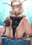  1girl arknights bangs bare_shoulders black_swimsuit breasts brown_eyes commentary eyebrows_visible_through_hair feet_out_of_frame hair_between_eyes hand_up horns knee_up large_breasts long_hair looking_at_viewer mokyumokyuchan one-piece_swimsuit parted_lips pointy_ears shining_(arknights) silver_hair sitting solo swimsuit thighs very_long_hair 