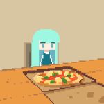  1girl animated animated_gif aqua_eyes aqua_hair falling food kawawagi long_hair original pixel_art pizza pizza_box simple_background solo table 