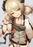  1girl arknights blonde_hair commentary_request cowboy_shot flat_chest grey_background highres horns ifrit_(arknights) looking_at_viewer nail_polish open_mouth orange_eyes orange_nails short_twintails simple_background solo tail twintails wristband yuuuuu 