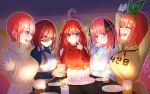  5girls :d \o/ ^_^ absurdres ahoge arms_up bangs beige_sweater birthday birthday_cake birthday_party black_ribbon blue_cardigan blue_eyes blue_sweater blunt_bangs blurry blurry_background blush breast_rest breasts brown_hair brown_hoodie butterfly_hair_ornament cake candle candlelight cardigan closed_eyes closed_mouth clothes_writing commentary_request cup drawstring drinking_glass drooling earrings eyebrows_behind_hair finger_to_mouth food fork go-toubun_no_hanayome green_hairband hair_between_eyes hair_ornament hair_ribbon hairband hand_on_own_cheek happy_birthday headphones headphones_around_neck highres holding holding_cup hood hood_down jewelry kurosaki_coco large_breasts lavender_hair long_hair long_sleeves looking_at_another looking_at_object multiple_girls nakano_ichika nakano_itsuki nakano_miku nakano_nino nakano_yotsuba open_cardigan open_clothes open_mouth orange_hair outstretched_arm outstretched_arms pink_hair plate quintuplets red_sweater redhead ribbon shirt short_hair shoulder_cutout sidelocks smile smirk star star_hair_ornament stud_earrings sweater turtleneck turtleneck_sweater two_side_up upper_body upper_teeth white_shirt 
