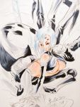  arachne blue_hair breasts bug butt_crack extra_eyes fingernails hand_on_own_cheek insect_girl kamimeidon marker_(medium) monster_girl monster_musume_no_iru_nichijou no_pupils rachnera_arachnera red_eyes sharp_fingernails skull spider spider_girl traditional_media under_boob 