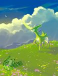  2018 blue_sky clouds cloudy_sky commentary creature crescent_moon deviantart_username english_commentary full_body galahawk gen_5_pokemon grass highres legendary_pokemon moon no_humans outdoors pokemon pokemon_(creature) sky solo standing standing_on_three_legs tumblr_username virizion 