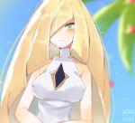  1girl blonde_hair blue_sky breasts clarevoir day green_eyes hair_over_one_eye large_breasts long_hair lusamine_(pokemon) outdoors palm_tree pokemon pokemon_(game) pokemon_sm sky solo tree upper_body 