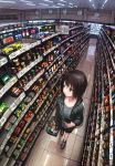  1girl black_eyes black_hair ceiling_light cellphone fisheye food from_above groceries highres holding holding_phone hood hood_down hooded_jacket indoors jacket long_sleeves looking_away looking_up original phone reflection shelf shoes shop shopping shopping_basket short_hair sneakers tile_floor tiles tokunaga_akimasa walking 