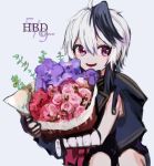  1girl bandaged_arm bandages bouquet character_name dated fingerless_gloves flower flower_(vocaloid) gloves gomiyama grey_background happy_birthday highres holding holding_bouquet jacket leaning_to_the_side multicolored_hair open_mouth pink_flower purple_flower purple_gloves purple_hair purple_jacket red_flower short_hair_with_long_locks sideways_glance sitting sleeveless sleeveless_jacket smile solo streaked_hair v_flower_(vocaloid4) violet_eyes vocaloid white_hair 