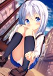  1girl bangs black_legwear blue_dress blue_eyes blue_hair blurry blurry_background blush brown_footwear building chinomaron closed_mouth commentary_request day depth_of_field dress eyebrows_visible_through_hair gochuumon_wa_usagi_desu_ka? hair_between_eyes hair_ornament hand_on_own_knee head_tilt highres kafuu_chino kafuu_chino&#039;s_school_uniform kneehighs loafers long_hair long_sleeves outdoors panties railing school_uniform shirt shoes signature smile solo squatting underwear very_long_hair white_panties white_shirt x_hair_ornament 