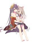  2girls ahoge animal_ear_fluff animal_ears azur_lane bangs bare_shoulders barefoot bird_mask black_hair black_legwear black_sailor_collar black_skirt blue_nails braid breasts bright_pupils dog_ears dog_tail eyebrows_visible_through_hair grey_hair hair_between_eyes hair_ribbon highres hina_(bird_salty) hug hug_from_behind japanese_clothes kimono large_breasts long_hair mask mask_on_head medium_hair midriff multiple_girls nail_polish nail_polish_bottle navel neck_ribbon no_legwear open_mouth painting_nails pink_nails pleated_skirt red_eyes red_kimono red_nails red_ribbon ribbon sailor_collar school_uniform serafuku short_kimono short_sleeves single_braid sitting sitting_on_lap sitting_on_person skirt smile taihou_(azur_lane) tail thick_eyebrows thigh-highs toenail_polish twintails very_long_hair white_pupils yuudachi_(azur_lane) 