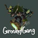  commentary_request creature english_text full_body gen_8_pokemon grey_background grookey highres jumping jyunhh no_humans pokemon pokemon_(creature) rillaboom simple_background thwackey 