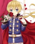  1boy anthony_(doubutsu_no_mori) belt blonde_hair blue_eyes bow cape curtains doubutsu_no_mori epaulettes flower gloves humanization long_hair low_ponytail petals rii_(pixiv11152329) rose solo 