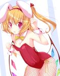 1girl animal_ears ass_visible_through_thighs blonde_hair blush bow bowtie bunny_girl commentary cowboy_shot crystal detached_collar fake_animal_ears fishnet_legwear fishnets flandre_scarlet hair_bow inasa_orange leotard looking_at_viewer open_mouth rabbit_ears red_bow red_eyes red_leotard side_ponytail slit_pupils solo sweat sweatdrop touhou wings wrist_cuffs yellow_bow 