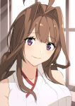  1girl ahoge alternate_hairstyle brown_hair commentary_request double_bun highres kantai_collection kongou_(kantai_collection) long_hair looking_at_viewer masukuza_j popped_collar remodel_(kantai_collection) smile solo upper_body violet_eyes window 