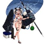  1girl :p absurdres animal_ears ankle_cuffs arknights bangs between_breasts bikini black_choker black_hair breasts choker eyewear_on_head feater_(arknights) food fruit full_body hair_over_one_eye highres innertube large_breasts looking_at_viewer mechanical_arms multi-strapped_bikini multicolored_hair navel open_mouth panda_ears popsicle red_eyes sandals scarlettear33 silver_hair skindentation solo standing streaked_hair sunglasses swimsuit thigh_strap tongue tongue_out twintails umbrella walking watermelon white_bikini 