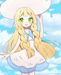  1girl :d bangs blonde_hair blue_sky clarevoir clouds cloudy_sky commentary day dress english_commentary eyelashes flat_chest green_eyes happy lillie_(pokemon) long_hair looking_at_viewer open_mouth outdoors pokemon pokemon_(game) pokemon_sm sky smile solo white_dress 