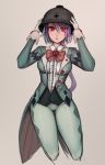  1girl absurdres alternate_headwear argyle breasts cropped_legs cross diamond_(shape) eyes_visible_through_hair formal gloves grey_hair hands_on_headwear hat helmet highres long_hair looking_at_viewer mad_hatter_(monster_girl_encyclopedia) matilda_fiship medium_breasts monster_girl_encyclopedia multicolored_hair mushroom open_mouth pants parted_lips purple_hair red_eyes shirt simple_background solo suit two-tone_hair white_gloves 