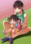  2girls :d age_difference black_hair brown_eyes brown_hair commentary grass medal multiple_girls open_mouth original otsu_natsu outdoors ponytail siblings sisters sitting sitting_on_lap sitting_on_person smile track_and_field track_uniform twintails 