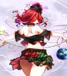  1girl ass bare_shoulders black_choker black_shirt breasts chain choker commentary_request cowboy_shot earth_(ornament) from_behind green_skirt hecatia_lapislazuli highres large_breasts long_hair midriff miniskirt moon_(ornament) multicolored multicolored_clothes multicolored_skirt off-shoulder_shirt off_shoulder outstretched_arms polos_crown purple_background raptor7 red_eyes red_skirt redhead shirt short_sleeves skirt smile solo thighs touhou 