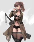  1girl black_choker black_legwear braid brown_coat brown_hair choker closed_mouth coat collarbone earrings hair_between_eyes highres jewelry jiro_(ninetysix) long_hair navel original ponytail solo sword thigh-highs torn_clothes weapon yellow_eyes 