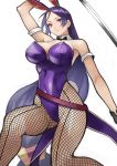  1girl 55level absurdres animal_ears ass bangs bare_shoulders breasts bunny_tail bunnysuit fate/grand_order fate_(series) highres katana large_breasts leotard long_hair looking_at_viewer minamoto_no_raikou_(fate/grand_order) parted_bangs purple_hair purple_leotard rabbit_ears simple_background solo sword tail thighs very_long_hair violet_eyes weapon white_background 