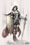  1girl armor armored_boots artist_name belt boots braid breastplate brown_eyes brown_hair commentary_request ds_hand55 faulds full_body gauntlets hand_on_hilt highres holding holding_sword holding_weapon knight long_hair original plate_armor shield shoulder_armor signature solo sword weapon 