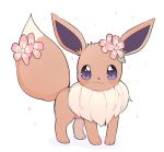  :3 clarevoir closed_mouth commentary creature eevee english_commentary flower full_body gen_1_pokemon hair_flower hair_ornament looking_at_viewer no_humans pokemon pokemon_(creature) simple_background solo standing tail_flower violet_eyes white_background 