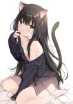  1girl absurdres animal_ears artist_name bangs bare_shoulders barefoot bed_sheet bell bell_choker between_legs black_choker black_hair black_shirt blush cat_ears cat_girl cat_tail choker closed_mouth commentary_request eyebrows_visible_through_hair green_eyes hair_between_eyes hand_between_legs highres jingle_bell long_hair long_sleeves looking_at_viewer mafuyu_(chibi21) off_shoulder open_clothes open_shirt original seiza shirt signature sitting sleeves_past_wrists soles solo tail tail_raised tongue tongue_out very_long_hair white_background 