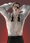  1boy arms_up black_hair black_pants cowboy_shot dress_shirt eyebrows eyepatch formal highres jane_mere looking_at_viewer majima_gorou male_focus pants red_background red_eyes ryuu_ga_gotoku ryuu_ga_gotoku_0 shirt simple_background solo tied_hair 