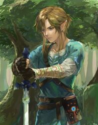  1boy belt blonde_hair blue_eyes blue_shirt earrings fingerless_gloves forest gloves highres jewelry link master_sword nature pointy_ears sheikah_slate shirt solo the_legend_of_zelda the_legend_of_zelda:_breath_of_the_wild toroyuri tree 