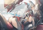  1girl absurdres alternate_costume antenna_hair arm_guards ass azur_lane bangs breasts character_name clouds fake_tail from_behind headgear highres huge_filesize large_breasts long_hair looking_at_viewer looking_back mecha mole mole_on_breast multicolored_hair number prinz_eugen_(azur_lane) redhead revealing_clothes sideboob silver_hair solo streaked_hair tail two_side_up very_long_hair yellow_eyes yusha_(m-gata) 