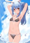  1girl :o absurdres animal_ear_fluff animal_ears armpits arms_behind_head arms_up bangs bikini black_bikini blush bow bow_bikini breasts brown_eyes bunny-shaped_pupils bunny_girl clouds cloudy_sky cowboy_shot day grey_bow grey_ribbon highres hololive light_rays long_hair looking_at_viewer navel outdoors parted_lips ponytail rabbit_ears side-tie_bikini sidelocks sky small_breasts solo stomach sunbeam sunlight swimsuit usada_pekora virtual_youtuber water xiao_lin_jiu 