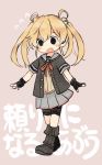 1girl abukuma_(kantai_collection) background_text bike_shorts black_eyes black_footwear black_gloves black_jacket blonde_hair brown_background chibi commentary_request double_bun full_body gloves grey_sailor_collar grey_skirt hair_between_eyes hair_rings ina_(1813576) jacket kantai_collection long_hair neck_ribbon open_mouth outstretched_arms partly_fingerless_gloves pleated_skirt red_ribbon remodel_(kantai_collection) ribbon sailor_collar school_uniform serafuku short_sleeves shorts shorts_under_skirt skirt solo translation_request 
