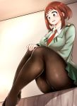  1girl adahcm ass bed blush boku_no_hero_academia breasts brown_eyes brown_hair feet_out_of_frame hand_on_own_knee highres indoors large_breasts legs looking_down necktie on_bed pantyhose red_neckwear school_uniform short_hair sitting sitting_on_bed skirt smile solo thick_thighs thighs upper_teeth uraraka_ochako 
