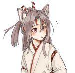  1girl animal_ear_fluff animal_ears dog_ears grey_hair hachimaki headband high_ponytail highres hinata_hibari japanese_clothes kantai_collection kemonomimi_mode long_hair ponytail red_eyes simple_background solo white_background zuihou_(kantai_collection) 