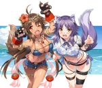  2girls aki_makoto animal_ear_fluff animal_ears antenna_hair armlet bikini blush brown_hair chain claw_pose dog_ears dog_girl dog_tail fang flower hair_flower hair_ornament hibiscus highres jewelry kyan_kaori long_hair medium_hair multiple_girls necklace ocean one_eye_closed open_mouth orange_eyes princess_connect! princess_connect!_re:dive purple_hair see-through shinozuka_atsuto shirt shorts swimsuit swimsuit_under_clothes tail tan thigh_strap thighlet tiara very_long_hair wet wet_clothes wet_shirt wolf_ears wolf_girl wolf_tail yellow_eyes 