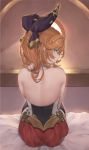  1girl absurdres aqua_eyes back backlighting bare_back bare_shoulders bed_sheet belt betabeet black_legwear bow clarisse_(granblue_fantasy) detached_collar from_behind granblue_fantasy hair_bow highres indoors long_hair looking_at_viewer looking_back on_bed orange_hair parted_lips ponytail purple_bow red_skirt sitting sitting_on_bed skirt solo test_tube thigh-highs window 