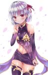  1girl armlet armor artist_request bangs bare_shoulders bikini_armor blush bracelet breasts closed_mouth collar detached_sleeves dress earrings fate/grand_order fate_(series) floral_print hair_ribbon highres jewelry kama_(fate/grand_order) looking_at_viewer metal_collar miniskirt navel pelvic_curtain petals purple_dress purple_legwear purple_skirt purple_sleeves red_eyes ribbon ring short_hair silver_hair skirt small_breasts smile solo thigh-highs thigh_strap thighlet thighs white_background 