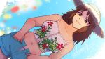  bare_shoulders blue_shorts breasts brown_eyes brown_hair character_request copyright_request dated dutch_angle floral_print hat highres looking_at_viewer medium_breasts messy_hair midriff murakami_(girls_und_panzer) navel shinmai_(kyata) shorts signature smile straw_hat tank_top 
