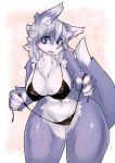  1girl animal_ear_fluff animal_ears bikini black_bikini blue_eyes breasts commentary cowboy_shot dog dog_ears dog_girl dog_tail furry grey_fur large_breasts long_hair navel original sakamata3 silver_hair simple_background snout solo swimsuit tail thick_thighs thighs two-tone_fur undressing white_fur 