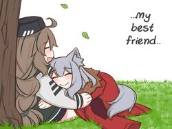  2girls :d ahoge animal_ear_fluff animal_ears arknights bangs black_headwear blush braid brown_hair closed_eyes closed_mouth commentary cuora_(arknights) english_commentary english_text eyebrows_visible_through_hair fur-trimmed_hood fur_trim grass green_hair green_jacket grey_hair guin_guin hair_between_eyes hat hood jacket long_hair long_sleeves multicolored_hair multiple_girls open_mouth profile projekt_red_(arknights) red_jacket sitting smile streaked_hair tail tree very_long_hair white_background 