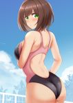  1girl animal_ears ass back backless_swimsuit blue_sky blush breasts brown_hair clouds competition_swimsuit eyebrows_visible_through_hair green_eyes highres idolmaster idolmaster_cinderella_girls kibihimi large_breasts looking_at_viewer looking_back maekawa_miku one-piece_swimsuit outdoors short_hair sky solo standing swimsuit wet 